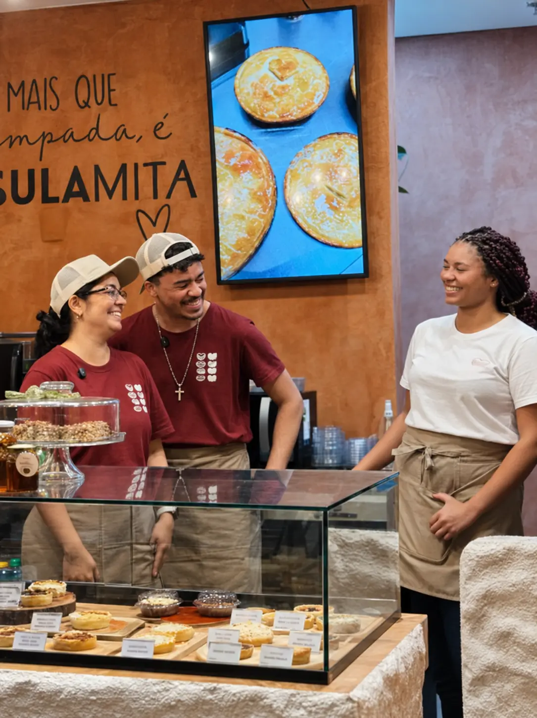 Equipe da Sulamita sorrindo junto ao balcão