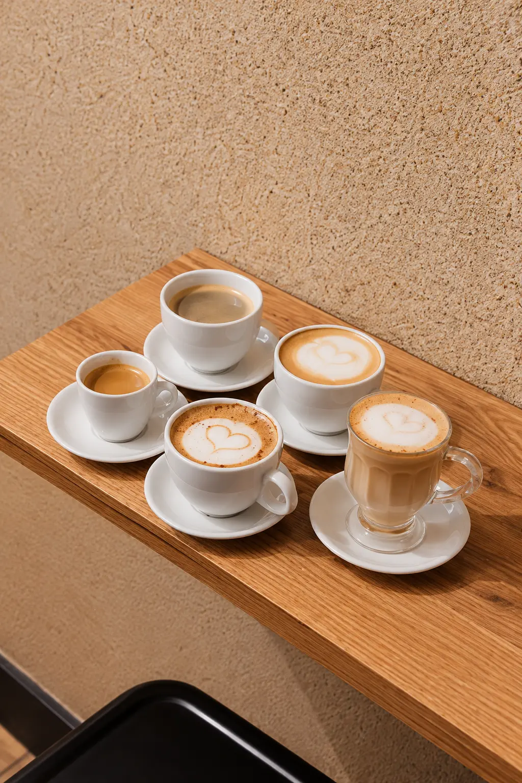 Cinco cafés sobre bandeja de madeira